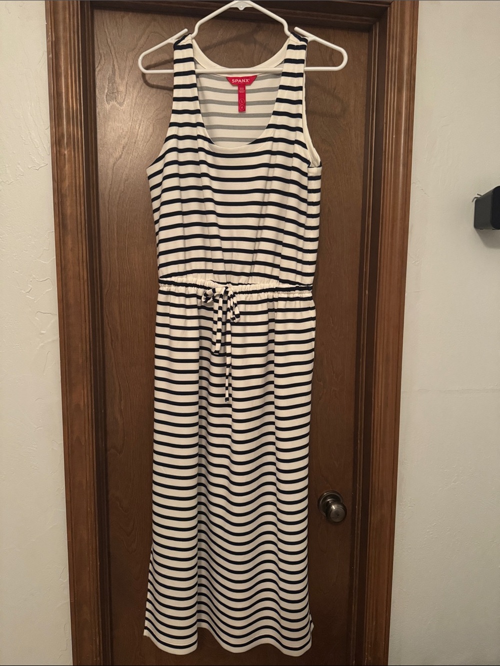 SPANX air essentials Navy and White Striped Sleeveless Drawstring Maxi Dress